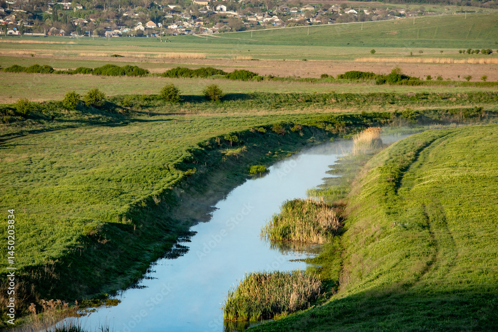Beautiful landscape with the Raut River in the Republic of Moldova. rural nature in Eastern Europe.