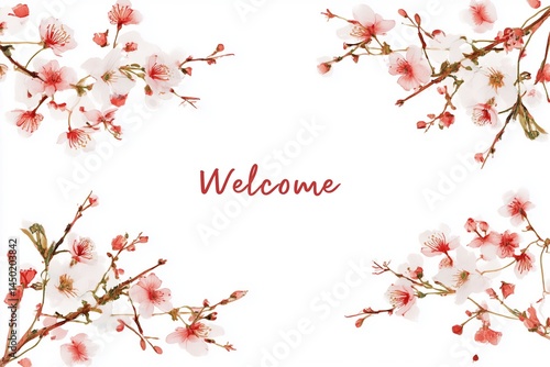Cherry blossom branches forming a frame around Welcome text, delicate watercolor style, white background