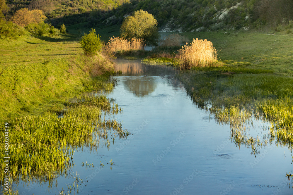 Beautiful landscape with the Raut River in the Republic of Moldova. rural nature in Eastern Europe.