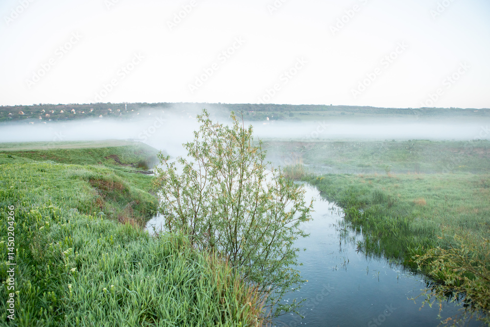 Beautiful landscape with the Raut River in the Republic of Moldova. rural nature in Eastern Europe.