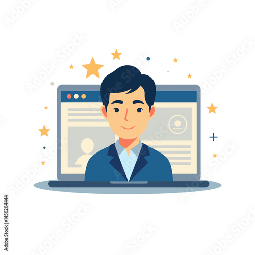 Office worker smiling during online job interview with laptop background  