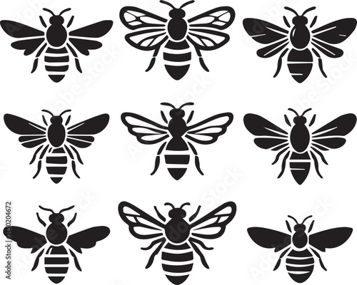Bee Silhouette Vector Set Insect Icons, Flying Bees, Black Clipart