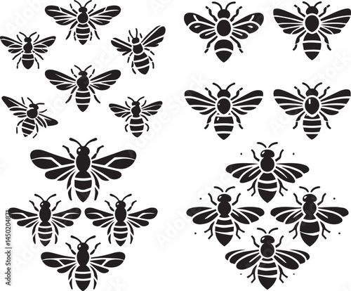 Bee Silhouette Vector Set Insect Icons, Flying Bees, Black Clipart