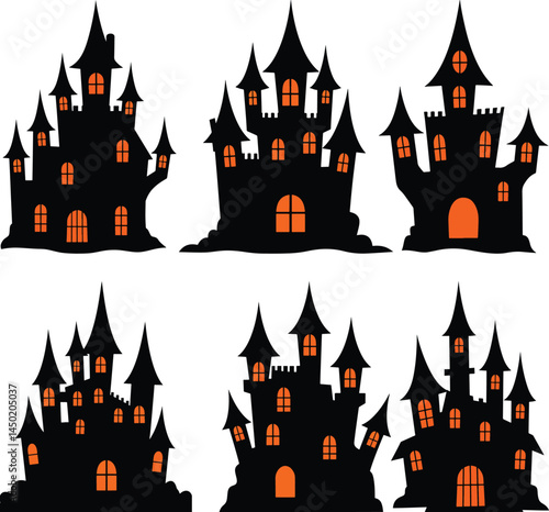 Eerie Halloween Castle Silhouettes With Glowing Orange Windows For Spooky Haunted Scenes