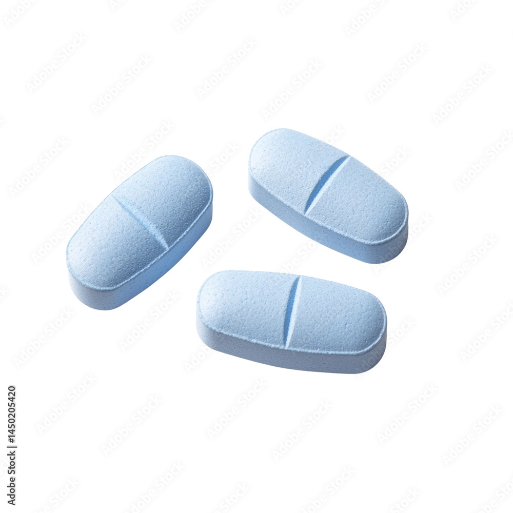 Elevated studio display of three cyan oval pills suggesting medication or healthcare, on clear canvas Elevated studio display of three cyan oval pills suggesting medication or healthcare, on clear canvas