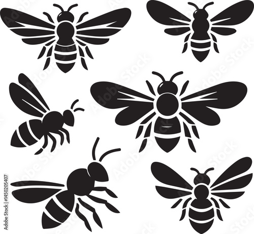 Bee Silhouette Vector Set Insect Icons, Flying Bees, Black Clipart