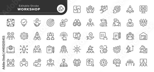 Workshop line icon set. Business, team building, teamwork, coaching, presentation, professional seminar. Outline vector icon in linear style. Series of pictograms.	