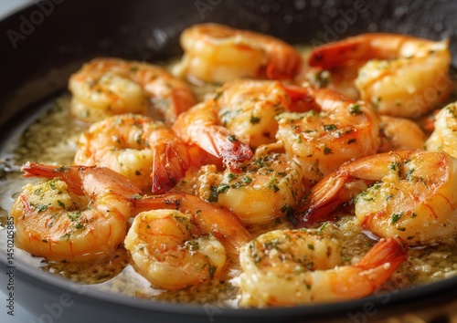 Delicious garlic butter shrimp sizzling in a pan.