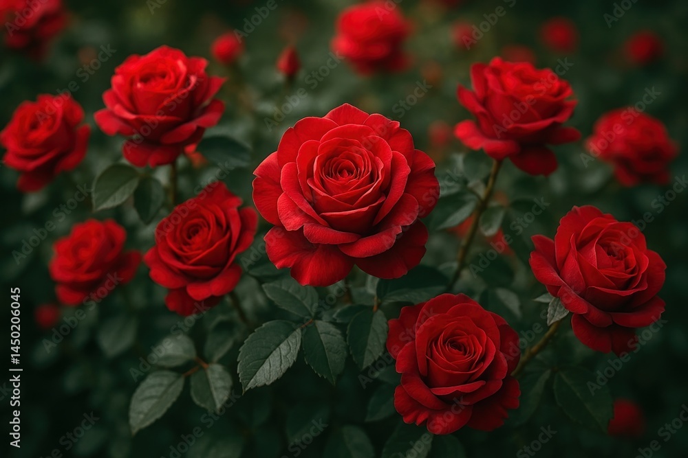 Vibrant red roses in bloom. Vibrant red roses in bloom.