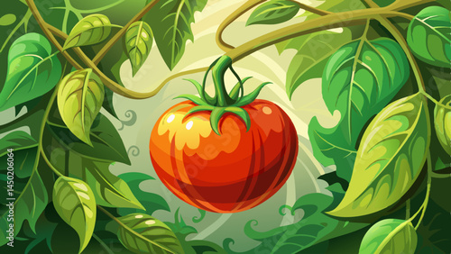 A single, ripe tomato clings to a vivid green stem.
Its color dance of red and green embodies freshness.
Symbol of homegrown produce and mindful nutrition.
Great for organic product art or health food