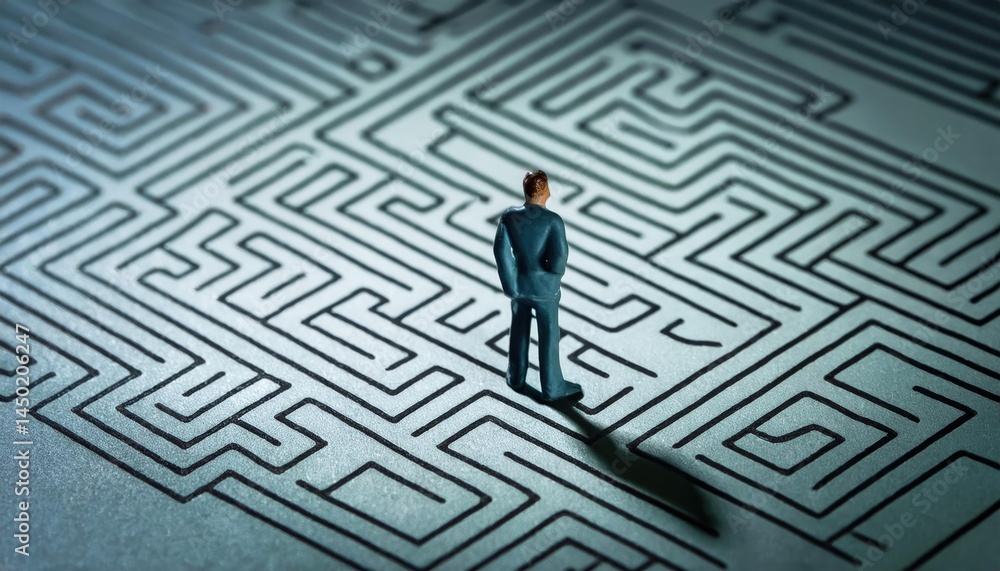 businessman stands facing a complex maze pattern, symbolizing challenges and decision-making in professional life businessman stands facing a complex maze pattern, symbolizing challenges and decision-making in professional life