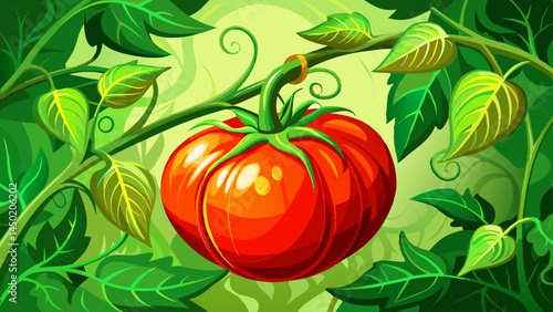 A single, ripe tomato clings to a vivid green stem.
Its color dance of red and green embodies freshness.
Symbol of homegrown produce and mindful nutrition.
Great for organic product art or health food