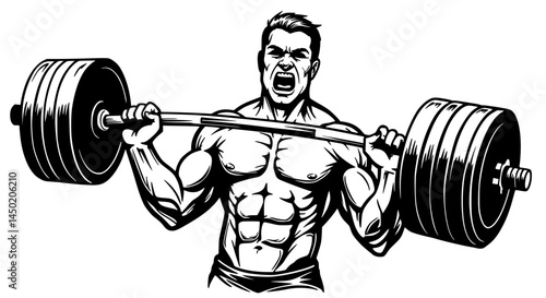 Muscular man intensely lifting heavy barbell vintage printmaking style against plain background.