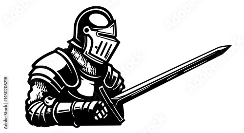 Knight in full armor confidently holding sword vintage illustration style against plain background.