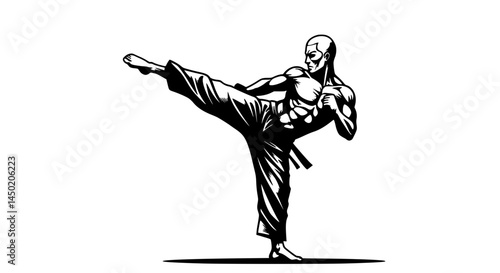 Muscular martial artist dynamically performing high kick graphic style against plain background.