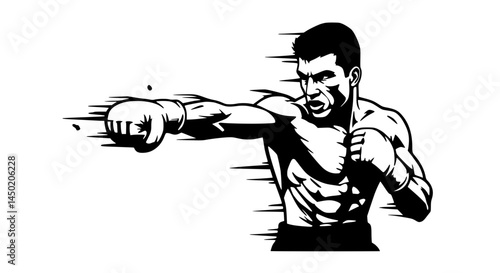 Muscular boxer dynamically throwing punch graphic novel style against plain background.