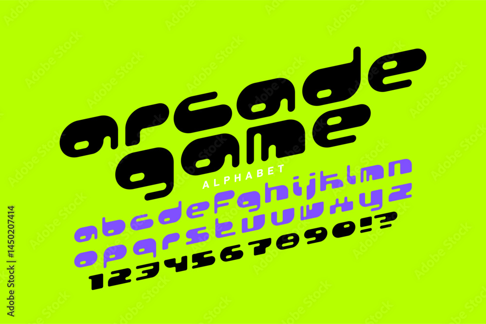 Arcade game style font, alphabet letters and numbers vector illustration