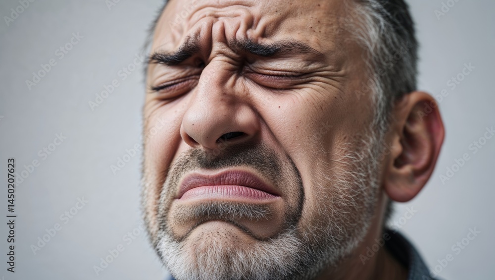 Fototapeta premium Close-up shows a man with furrowed brows and squinting eyes expressing disgust.