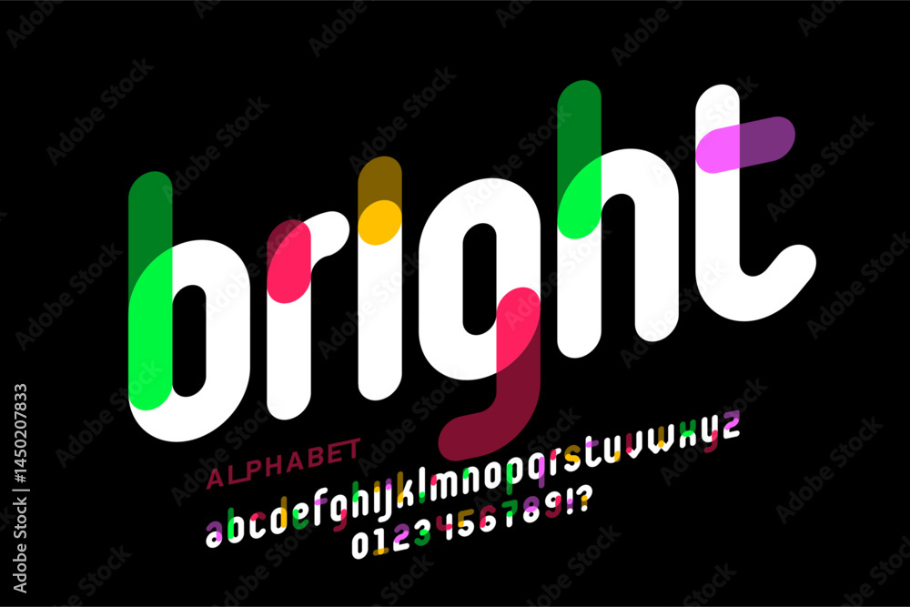 Bright. Modern lower case style font, alphabet letters and numbers vector illustration