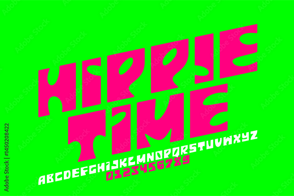 Hippie time font, alphabet letters and numbers vector illustration