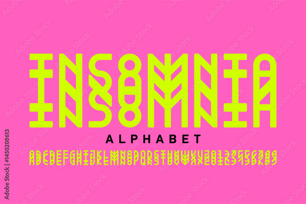 Insomnia. Modern style font, alphabet letters and numbers vector illustration