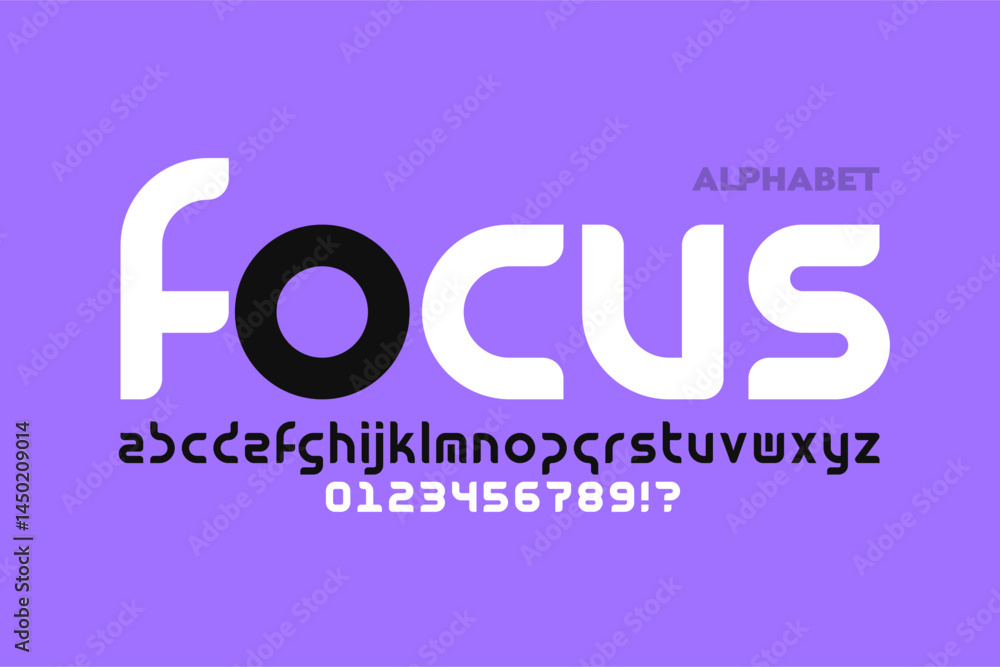 Focus. Lower case modern font design, alphabet letters and numbers vector illustration