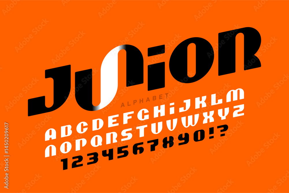 Junior. Modern style font, alphabet letters and numbers vector illustration