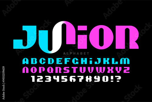 Junior. Modern style font, alphabet letters and numbers vector illustration