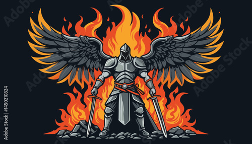 Guardian of Flames: A powerful and detailed illustration of a formidable warrior, clad in shining armor and majestic wings, standing defiant amidst a raging inferno.