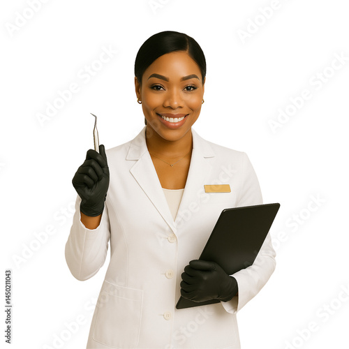 Professional Black Esthetician in White Coat Holding Lash Tool and Clipboard – Med Spa Branding Portrait