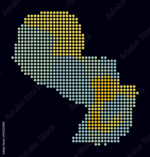 Paraguay dotted map. Digital style map of the country on dark background. Paraguay shape with circle dots. Colored dots style. Large size circles. Trending vector illustration.