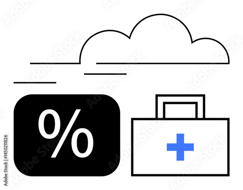 Percentage sign, medical kit with blue cross, and cloud representing financial and healthcare integration, cost management, and data storage. Ideal for finance, healthcare, insurance, technology