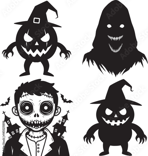 Spooky Halloween Character Silhouettes Jack O Lanterns Creepy Hooded Figure and Stitched Monster for Eerie Designs