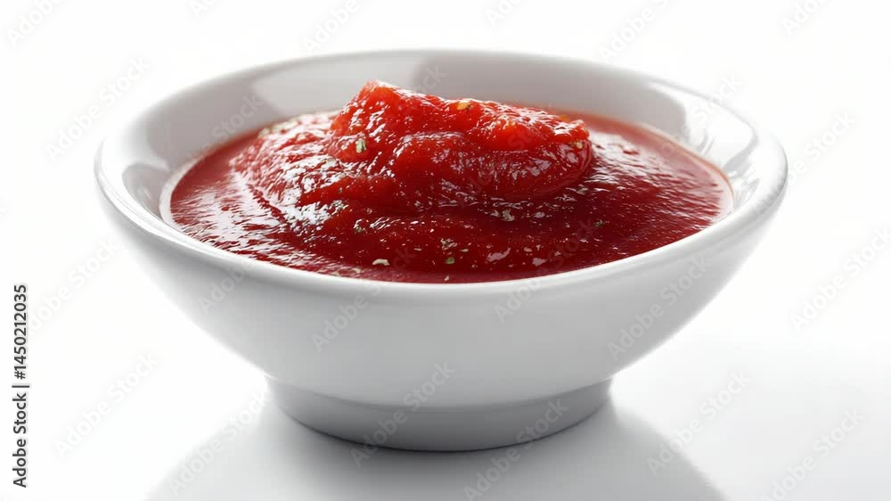 Overhead view shows thick, bright red tomato sauce in a pristine white bowl with a glossy light surface for food service industry visuals Overhead view shows thick, bright red tomato sauce in a pristine white bowl with a glossy light surface for food service industry visuals