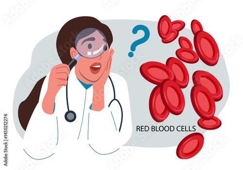 Thromboembolism. Circulating blood clot. Red blood cell. Nurse looking through magnifying glass, checking, analysing, studying. Vector illustration.