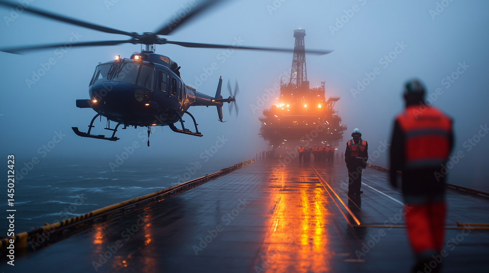 Helicopter approaching landing pad with rig crew awaiting disembarkment, sea mist rising around structure
