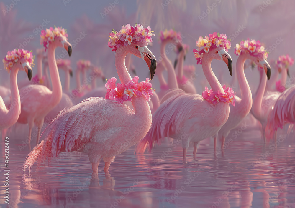 Naklejka premium a group of flamingos standing in the water with flowers in their beaks and in the water