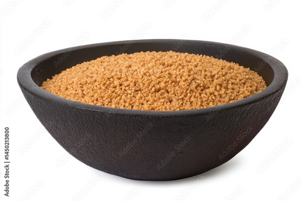 Close-up of a rustic bowl filled with golden-brown sugar, highlighting its texture and color Close-up of a rustic bowl filled with golden-brown sugar, highlighting its texture and color