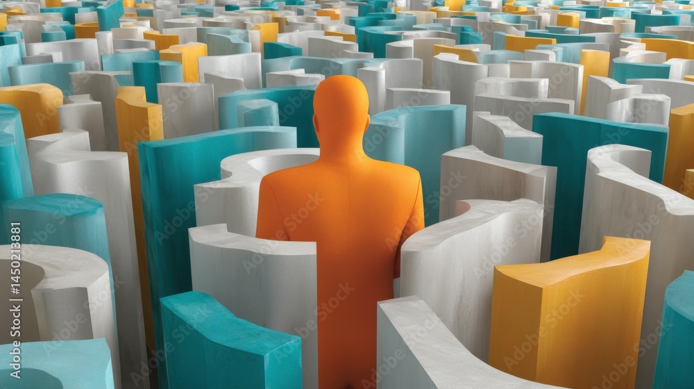 Fototapeta premium Person navigating a colorful maze made of abstract shapes during daytime, exploring a creative environment