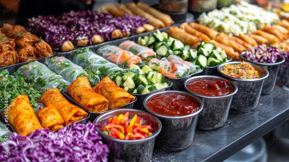 Obraz premium Assorted Spring Rolls And Fresh Vegetables Food Display