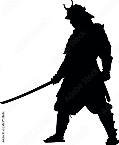 Epic Samurai Warrior Silhouette Vector Illustration – Dynamic Japanese Swordsman with Katana, Traditional Armor, and Bushido Spirit Evoking Historical Combat, Timeless Heritage, and Martial Art Legacy