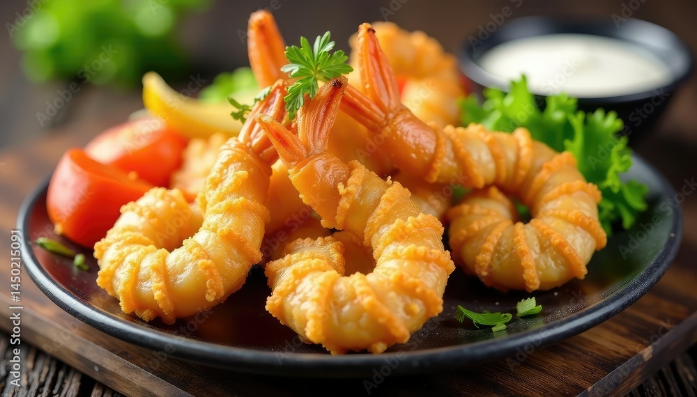 Tempura shrimp, vegetables, light batter, garnish, closeup, fried Tempura shrimp, vegetables, light batter, garnish, closeup, fried