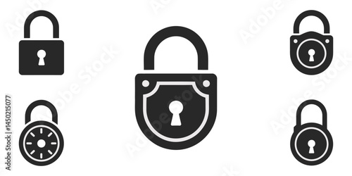 set of locks icon Silhouettes vector, Padlock icon collection. Locked and unlocked padlock in line and flat icon design. Vector illustration. Editable stroke, Simple black padlock icons set on white.