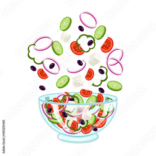 Greek salad with feta, tomato, onion, pepper, cucumber, olives, and oregano