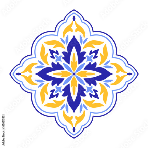 Mediterranean blue yellow floral motif on white background. Traditional ethnic Portuguese, Moroccan, Spanish ornament, mosaic design. Vector illustration