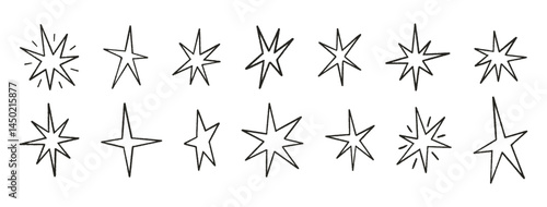 Stars crayon hand drawn set. Magic twinkle icons. Shine, spark or light chalk elements. Line sketch various sparkles. Doodle black glitter sparks. Vector illustration