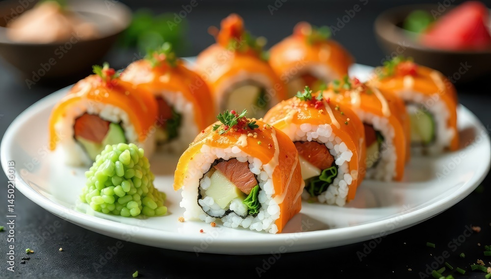 Various sushi rolls on a white plate, garnished with wasabi , wasabi, ginger Various sushi rolls on a white plate, garnished with wasabi , wasabi, ginger