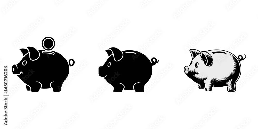 Obraz premium piggy bank and coins, Piggy bank icon Flat simple outline set, Piggy bank icons. stroke line and black solid icons, Piggy bank vectors icons set in filled and strokes on white background, Flat Design.