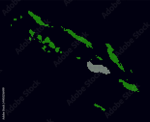 Solomon Islands dotted map. Digital style map of the country on dark background. Solomon Islands shape with circle dots. Colored dots style. Small size circles. Artistic vector illustration.