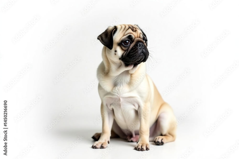 Obraz premium Adorable pug dog sitting, isolated on white background, photography, isolated